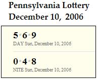 PA Lottery Dec. 10, 2006: Mid-day 569, Evening 048
