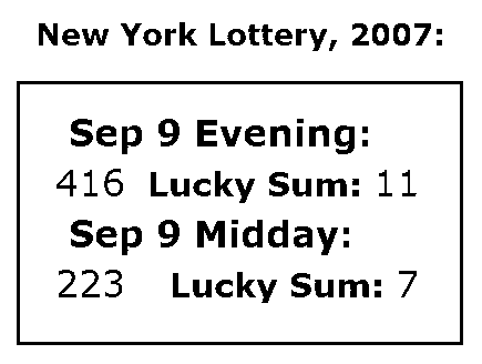 NY Lottery Sunday, Sept. 9, 2007: Mid-day 223, Evening 416