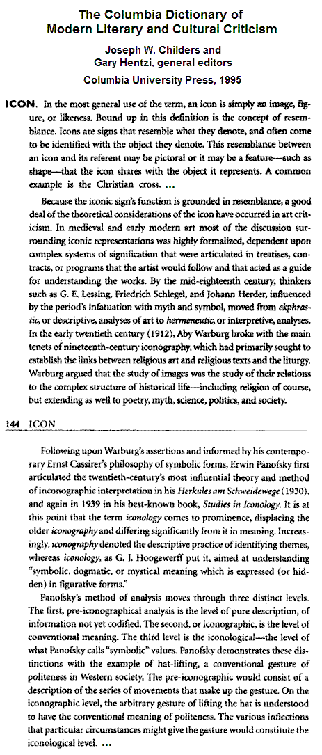 Panofsky on the iconology of hat-lifting (page 144, Columbia Dictionary of Modern Literary and Cultural Criticism, 1995)