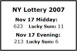 NY Lottery Nov. 17, 2007: Midday 623, Evening 213