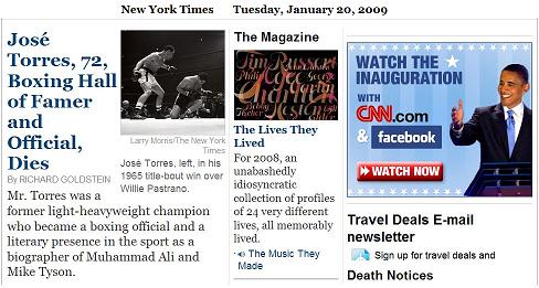 NYT obituaries Jan. 20, 2009:  Boxing Hall of Famer and official Jose Torres died Jan. 19 at 72