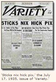'Variety' with 1935 headline 'STICKS NIX HICK PIX'
