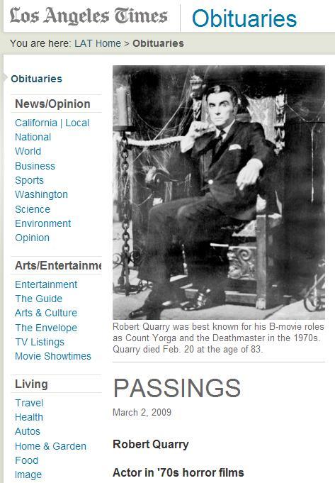 Robert Quarry obituary, LA Times March 2, 2009