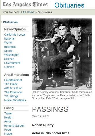Robert Quarry obituary, LA Times of March 2, 2009