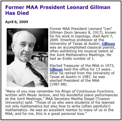 Mathematician Leonard Gillman, co-author of 'Rings of Continuous Functions,' died on April 7, 2009