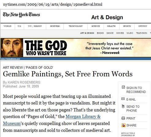 NY Times ad for 'The God Who Wasn't There,' with  article on pages from medieval manuscripts