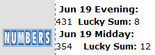 NY Lottery Friday, June 19, 2009: Midday 354, Evening 431