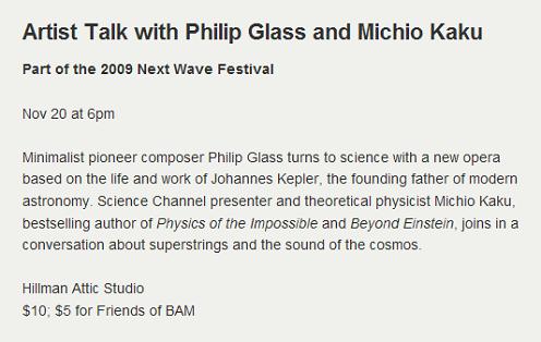 Brooklyn Academy of Music discussion with Philip Glass and Michio Kaku