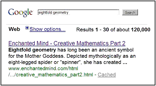 Image-- Google search for 'eightfold geometry'-- top result-- the Goddess as Spider Woman