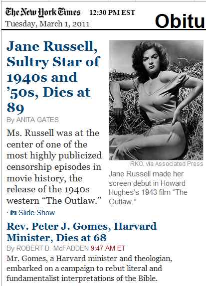 NY Times obits index: Jane Russell and Peter J. Gomes