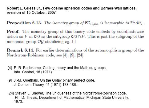 IMAGE- Robert L. Griess Jr. on the automorphism group of the 256-word Nordstrom-Robinson code