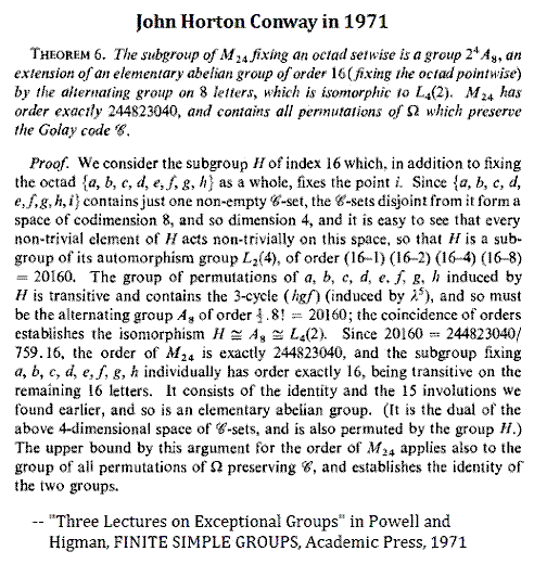 IMAGE- J. H. Conway in 1971 discussed the role of the elementary abelian group of order 16 in the Mathieu group M24. His approach then was purely algebraic, not geometric.