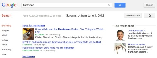 IMAGE- June 1, 2012, Google search on 'huntsman,' with informative sidebar