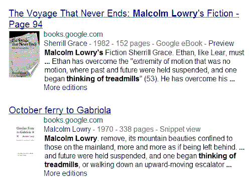 IMAGE- Google Book Search for 'Malcom Lowry' + 'thinking of treadmills'