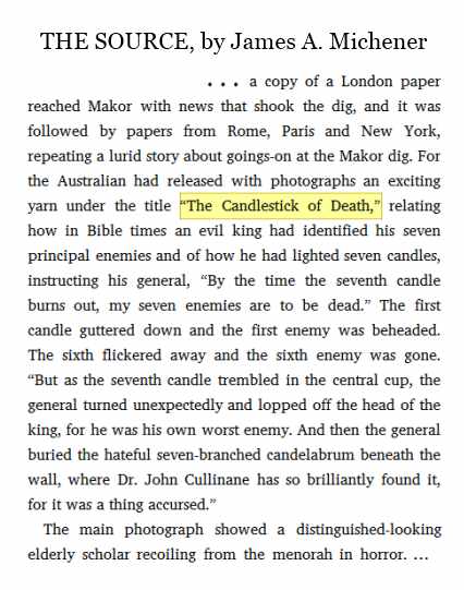 IMAGE- 'Candlestick of Death' in Michener's 'The Source'