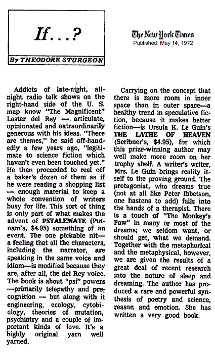IMAGE- Theodore Sturgeon, 1972 reviews of Del Rey's 'Pstalemate' and Le Guin's 'Lathe of Heaven'
