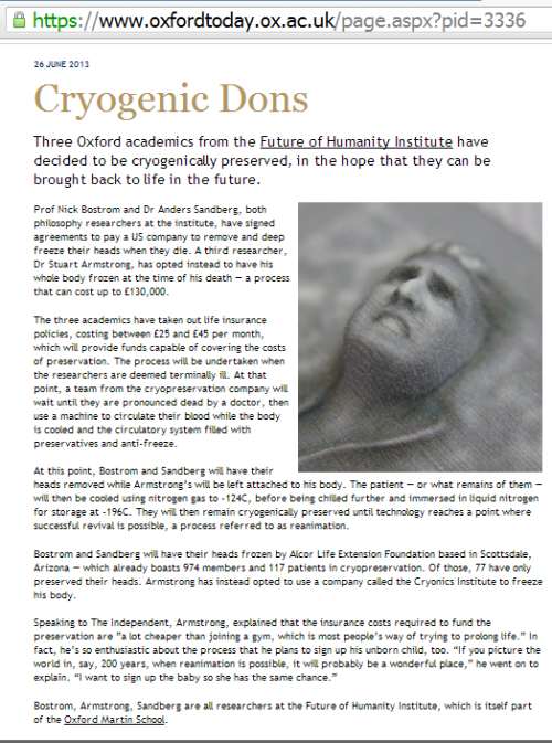 IMAGE- 'Cryogenic Dons'- Three academics from Oxford's 'Future of Humanity Institute' are to be cryogenically preserved.