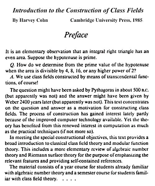 IMAGE- Harvey Cohn on class field theory and a question that might have been asked by Pythagoras