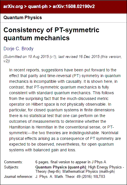 Dorje C. Brody, 'Consistency of PT-Symmetric Quantum Mechanics'
