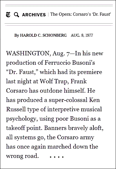 Harold Schonberg, 1977 review of Corsaro production of Busoni's 'Dr. Faust'