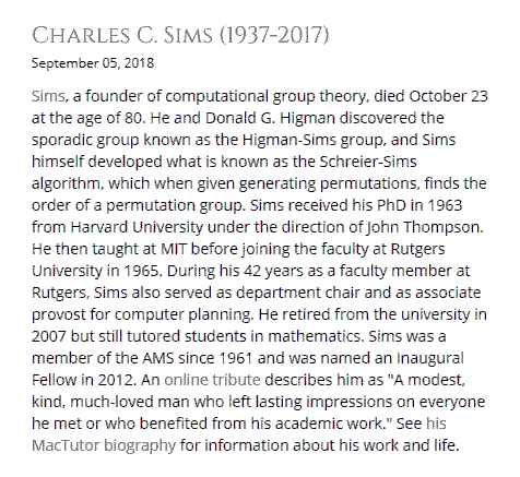 AMS obituary for mathematician Charles C. Sims
