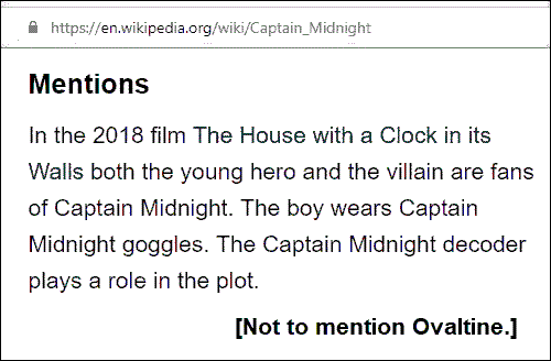 Captain Midnight goggles and decoder ring in Ovaltine, from 'The House with a CLock in Its Walls'