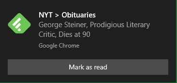George Steiner, death notification, 2:20 PM ET