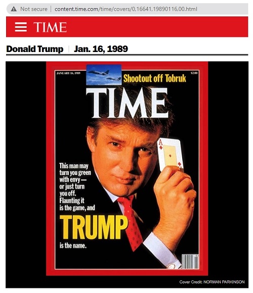 TIME Cover 1/16/1989- Trump with ace of diamonds