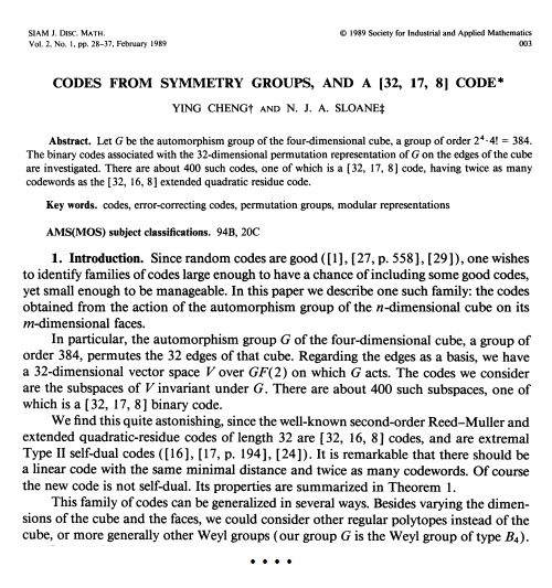'Codes from Symmetry Groups,' Cheng and Sloane, 1989