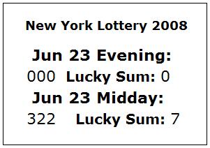 NY Lottery June 23, 2008: Mid-day 322, Evening 000