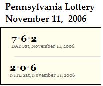 PA lottery Nov. 11, 2006: Mid-day 762, Evening 206