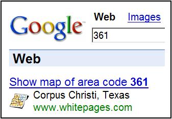 Google search for 361: Corpus Christi area code