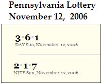 PA Lottery Nov. 12, 2006: Mid-day 361, Evening 217